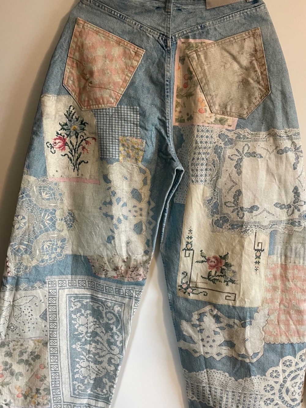 Free People Patchwork High-Rise Wide-Leg Jeans in Light Blue, Cream, Pink - Picture 8 of 10